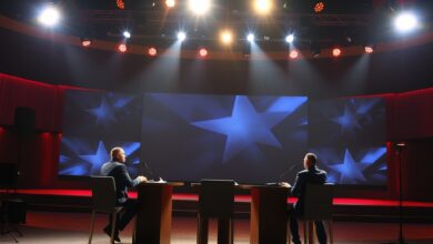 Púlpitos vazios e holofotes ligados num estúdio televisivo preparado para debate eleitoral com iluminação cénica dramática.