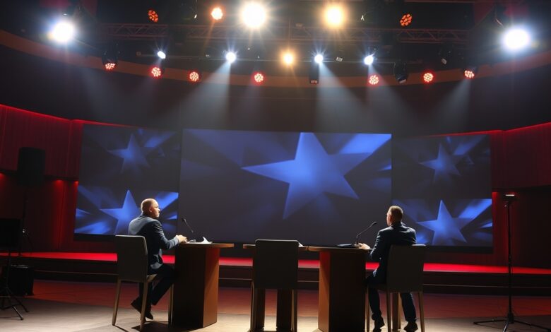 Púlpitos vazios e holofotes ligados num estúdio televisivo preparado para debate eleitoral com iluminação cénica dramática.