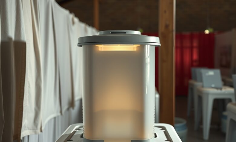 Urna eletrónica moderna num posto de votação iluminado durante um processo eleitoral democrático.