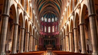 Interior de uma catedral imponente com vitrais coloridos e bancos de madeira vazios iluminados pela luz do sol