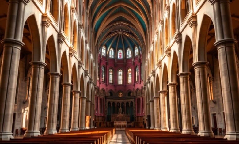 Interior de uma catedral imponente com vitrais coloridos e bancos de madeira vazios iluminados pela luz do sol