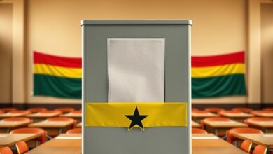 Urna electrónica de votação em sala eleitoral com cabine de voto e bandeira ao fundo.
