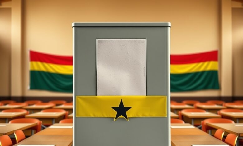 Urna electrónica de votação em sala eleitoral com cabine de voto e bandeira ao fundo.