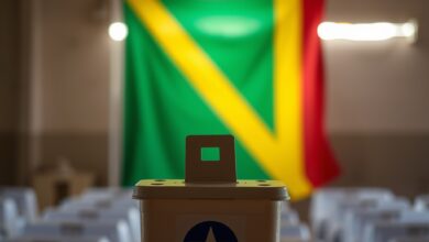 Urna eletrónica de votação com bandeira nacional ao fundo num posto eleitoral bem iluminado