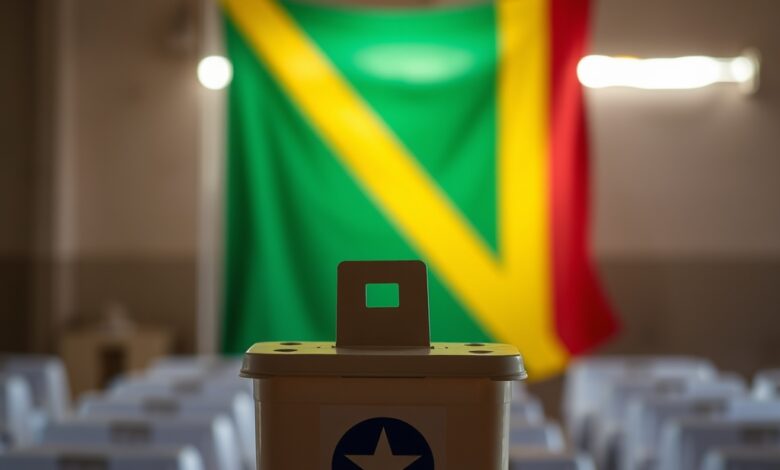 Urna eletrónica de votação com bandeira nacional ao fundo num posto eleitoral bem iluminado
