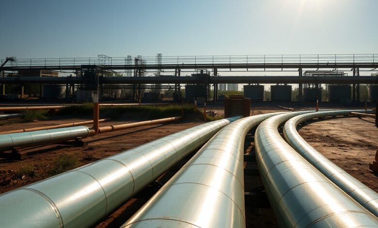Tubagens industriais de distribuicao de gas natural sob a luz do sol em infraestrutura energetica moderna.