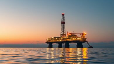 Plataforma de perfuração marítima ao amanhecer em águas calmas para extracção sustentável de petróleo e gás natural