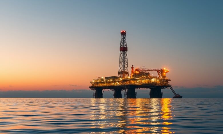 Plataforma de perfuração marítima ao amanhecer em águas calmas para extracção sustentável de petróleo e gás natural