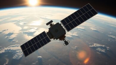 Satélite militar em órbita ao redor da Terra com luz solar refletida em painéis modernos de comunicação.