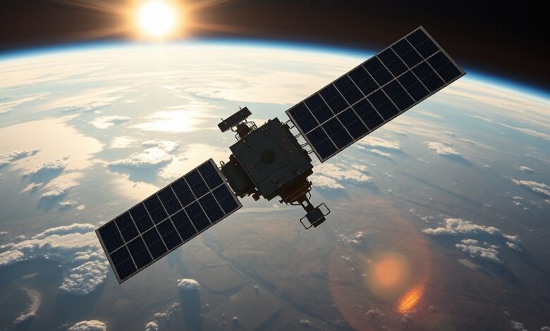 Satélite militar em órbita ao redor da Terra com luz solar refletida em painéis modernos de comunicação.