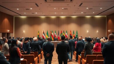 Bandeiras internacionais alinhadas diante de uma sala de conferências diplomáticas com iluminação sóbria e moderna.