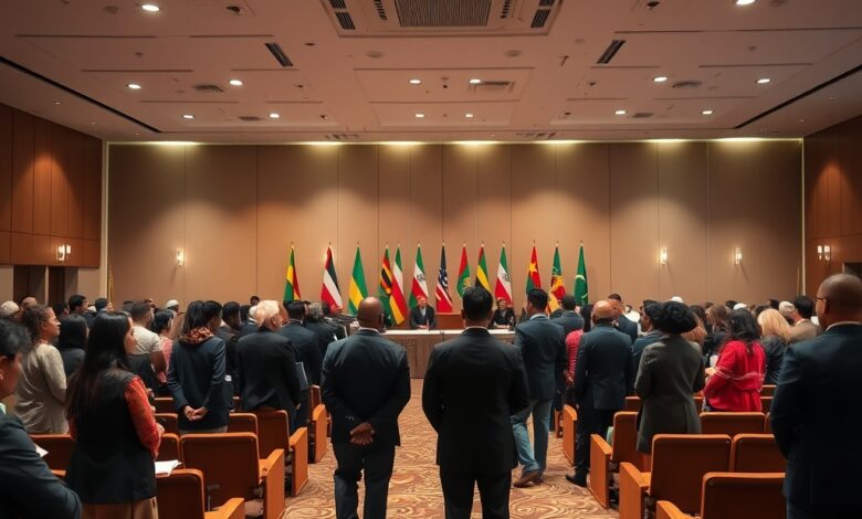 Bandeiras internacionais alinhadas diante de uma sala de conferências diplomáticas com iluminação sóbria e moderna.