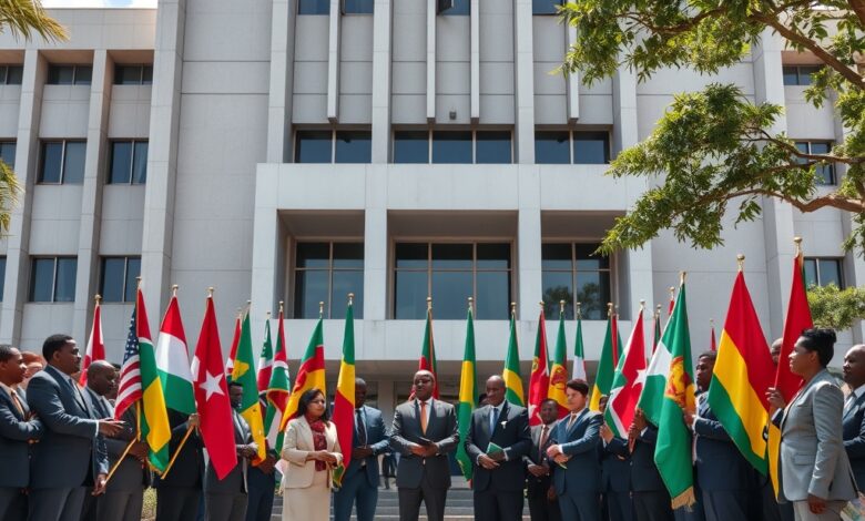 Bandeiras diplomáticas hasteadas em frente a edifício governamental durante cimeira internacional de cooperação económica.
