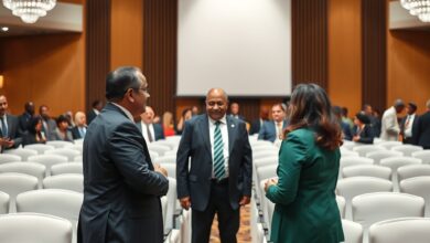 Bandeiras diplomáticas hasteadas numa sala de conferências internacional iluminada para conversações de alto nível.