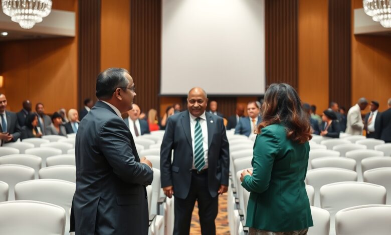 Bandeiras diplomáticas hasteadas numa sala de conferências internacional iluminada para conversações de alto nível.