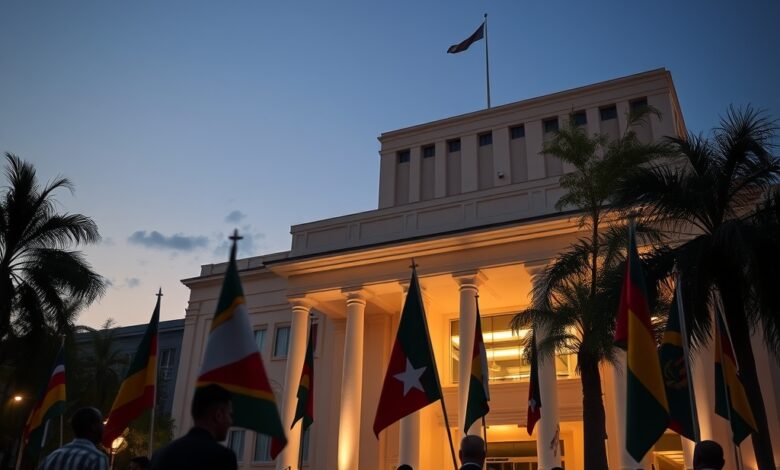 Bandeiras diplomáticas hasteadas em frente a um edifício institucional sob iluminação suave de final de tarde.
