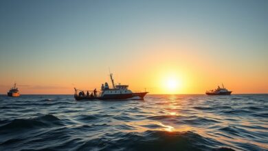 Navios cargueiros e petroleiros navegando em águas abertas durante o pôr do sol em rota comercial marítima.