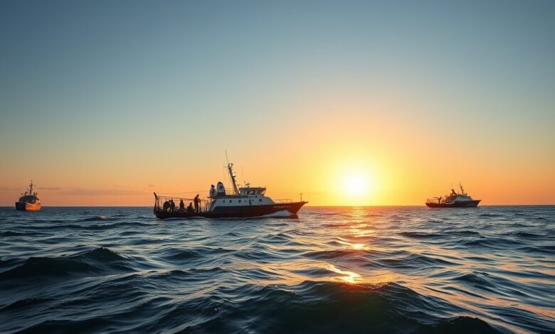 Navios cargueiros e petroleiros navegando em águas abertas durante o pôr do sol em rota comercial marítima.