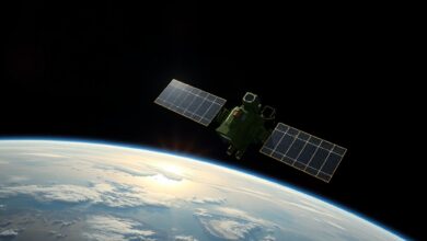 Satélite militar em órbita da Terra com painéis solares refletindo a luz solar contra o espaço escuro.