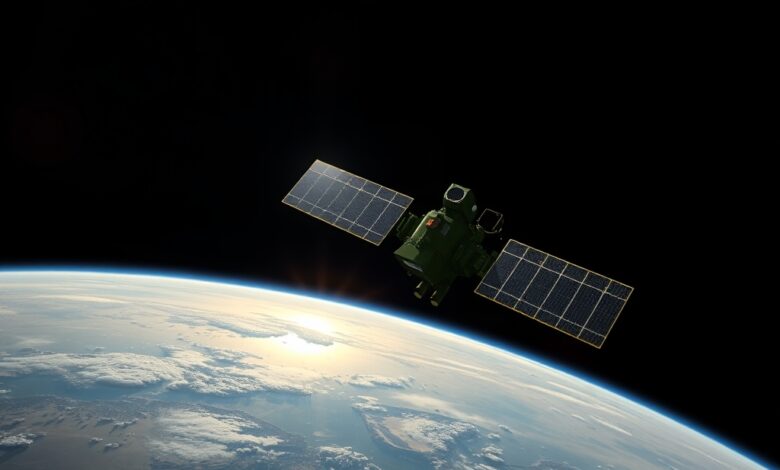Satélite militar em órbita da Terra com painéis solares refletindo a luz solar contra o espaço escuro.
