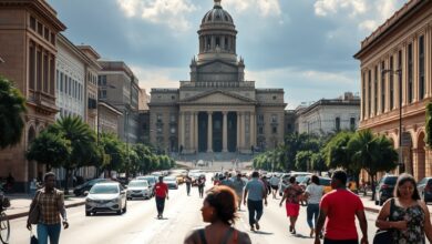 Pessoas caminham numa ampla avenida urbana sob céu nublado com vista para edifícios governamentais históricos.