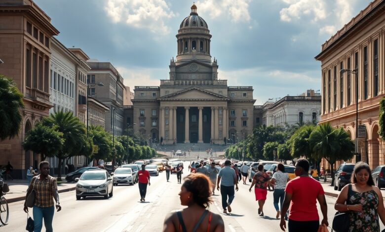 Pessoas caminham numa ampla avenida urbana sob céu nublado com vista para edifícios governamentais históricos.