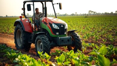 Tractor agrícola moderno operando num campo aberto de cultivo sob luz natural em Moçambique