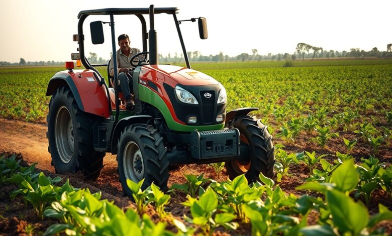 Tractor agrícola moderno operando num campo aberto de cultivo sob luz natural em Moçambique
