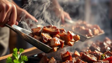 Grelhador ao ar livre com cortes de carne sobre brasas acesas durante evento gastronómico festivo.