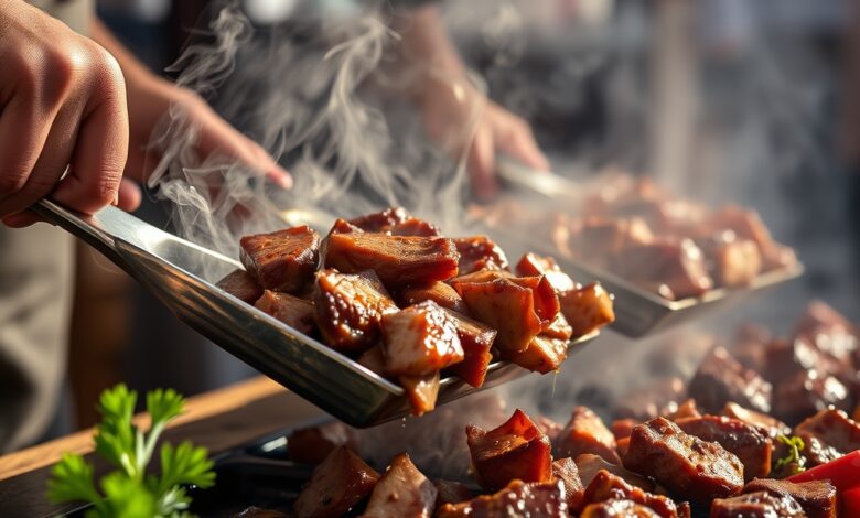 Grelhador ao ar livre com cortes de carne sobre brasas acesas durante evento gastronómico festivo.