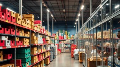 Armazém comercial com prateleiras cheias de caixas e garrafas de vidro organizadas sob iluminação industrial.