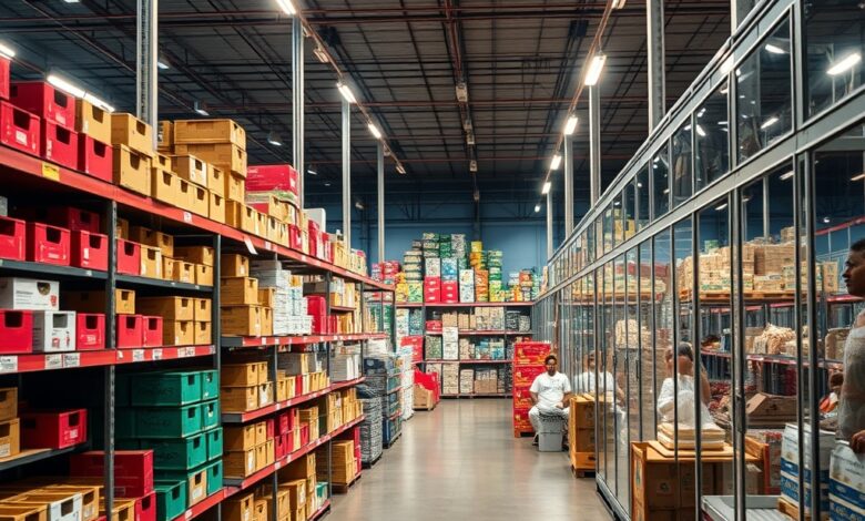 Armazém comercial com prateleiras cheias de caixas e garrafas de vidro organizadas sob iluminação industrial.