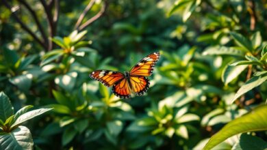 Borboleta colorida sobre folhas verdes tropicais em densa floresta montanhosa sob luz suave da manhã