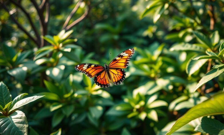 Borboleta colorida sobre folhas verdes tropicais em densa floresta montanhosa sob luz suave da manhã