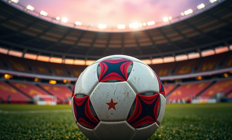 Bola de futebol sobre relvado num estádio moderno durante o entardecer desportivo