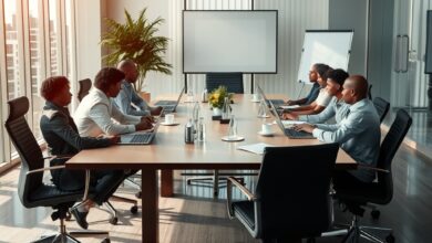 Documentos financeiros e gráficos económicos sobre uma mesa de reuniões num ambiente de trabalho moderno.