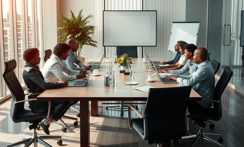 Documentos financeiros e gráficos económicos sobre uma mesa de reuniões num ambiente de trabalho moderno.