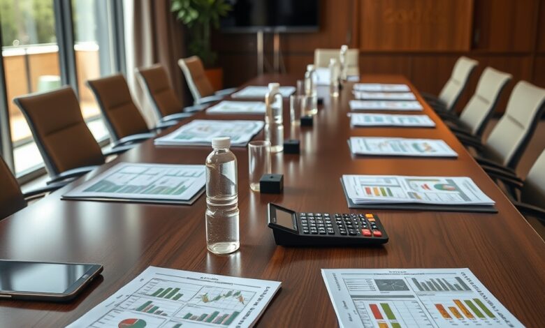 Mesa de conferência com pastas de relatórios económicos e calculadoras num gabinete financeiro governamental moderno