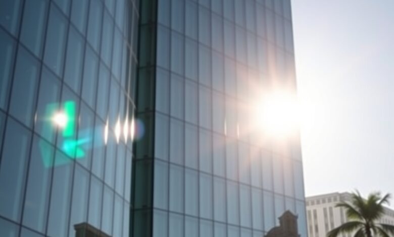 Edifício moderno de instituição financeira internacional refletido num vidro límpido sob luz natural matinal.