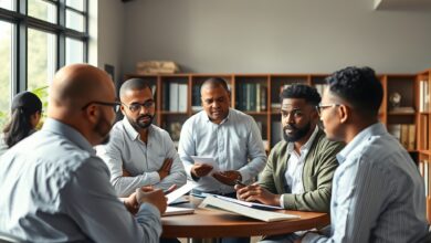 Professores em ambiente académico colaborativo reunidos em torno de documentos pedagógicos e materiais de estudo prático.