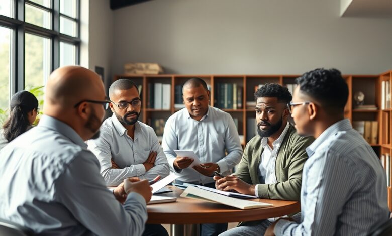 Professores em ambiente académico colaborativo reunidos em torno de documentos pedagógicos e materiais de estudo prático.