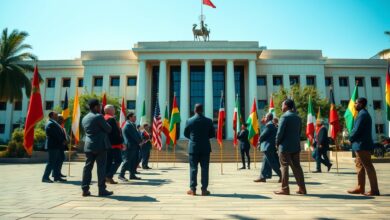 Bandeiras diplomáticas hasteadas em frente a edifício governamental durante reunião internacional sob iluminação natural.
