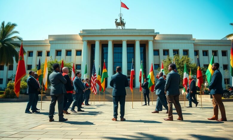 Bandeiras diplomáticas hasteadas em frente a edifício governamental durante reunião internacional sob iluminação natural.