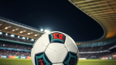 Bola de futebol sobre relvado num estádio iluminado durante uma partida nocturna internacional de futebol.