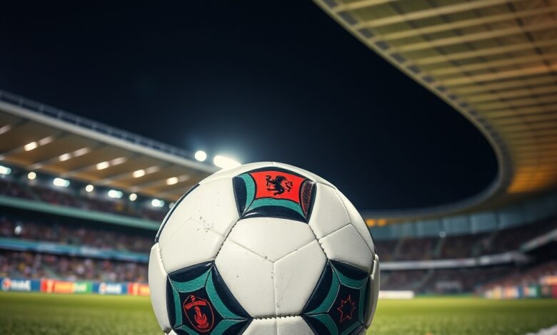 Bola de futebol sobre relvado num estádio iluminado durante uma partida nocturna internacional de futebol.