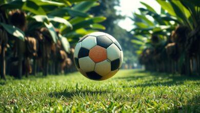 Bola de futebol no centro de um relvado verde com bancadas ao fundo sob luz natural