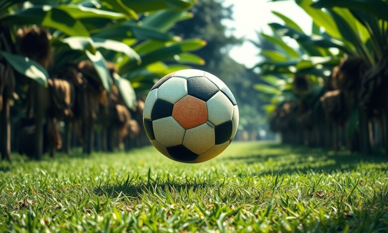 Bola de futebol no centro de um relvado verde com bancadas ao fundo sob luz natural
