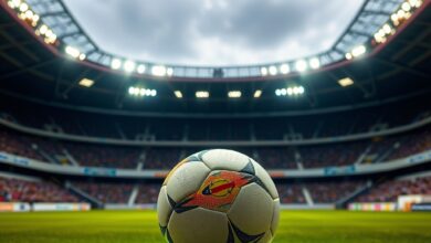 Bola de futebol sobre relvado iluminado num grande estadio desportivo internacional antes de uma partida competitiva