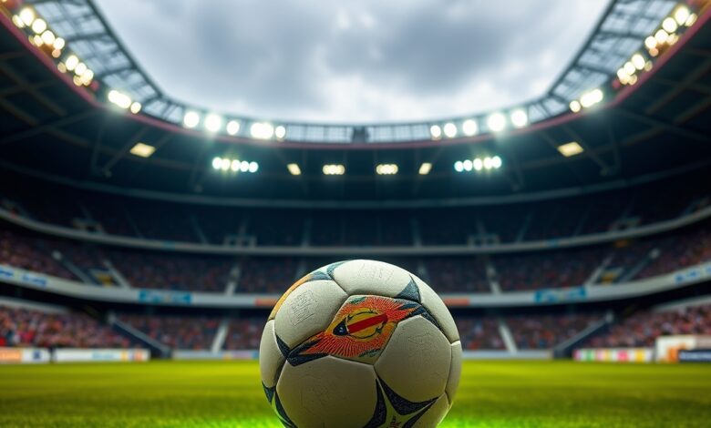 Bola de futebol sobre relvado iluminado num grande estadio desportivo internacional antes de uma partida competitiva