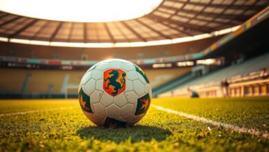 Bola de futebol sobre relvado num estádio desportivo vazio durante o entardecer antes do jogo oficial.